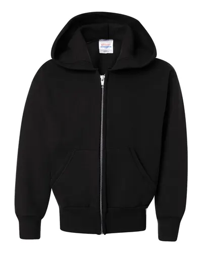 Hanes P480 Youth EcoSmart® Full-Zip Hooded Sweatshirt in Black — blank hooded sweatshirt, front view