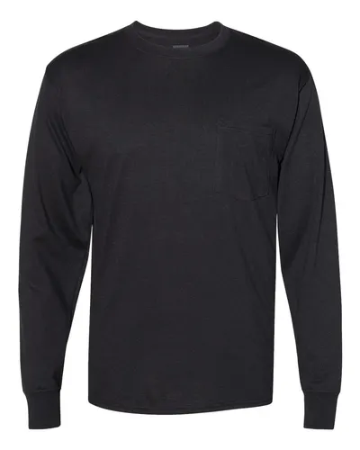 Hanes W120 Unisex Workwear Long Sleeve Pocket T-Shirt in Black — blank long sleeve tee, front view