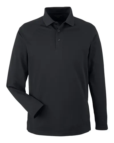 Harriton M208L Men's Charge Snag and Soil Protect Long Sleeve Polo in Black — blank polo, front view
