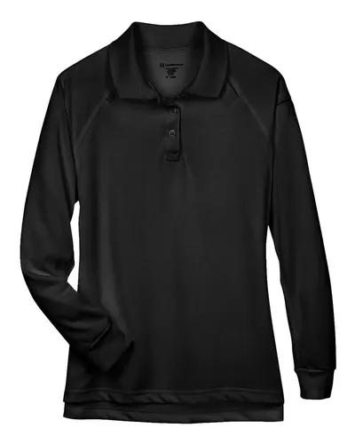 Harriton M211LW Women's Advantage Long Sleeve Tactical Polo in Black — blank polo, front view