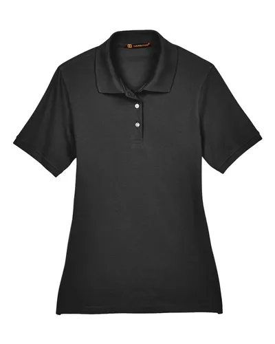 Harriton M265W Women's Easy Blend Polo in Black — blank polo, front view