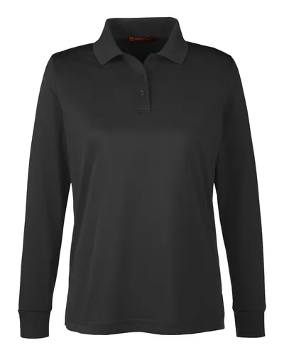 Harriton M348LW Women's Advantage Snag Protection Plus IL Long Sleeve Polo in Black — blank polo, front view