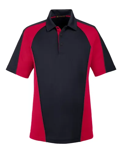 Harriton M385 Men's Advantage Snag Protection Plus IL Colorblock Polo in Black/ Red/ Dark Charcoal — blank polo, front view