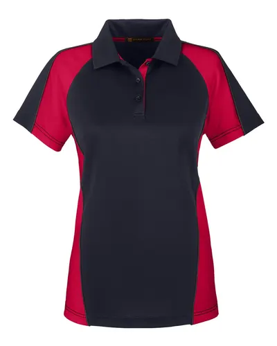 Harriton M385W Women's Advantage Snag Protection Plus IL Colorblock Polo in Black/ Red/ Dark Charcoal — blank polo, front view