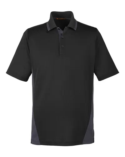 Harriton M386 Men's Flash Snag Protection Plus IL Colorblock Polo in Black/ Dark Charcoal — blank polo, front view