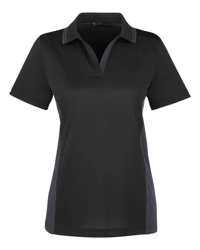 Harriton M386W Women's Flash Snag Protection Plus IL Colorblock Polo in Black/ Dark Charcoal — blank polo, front view