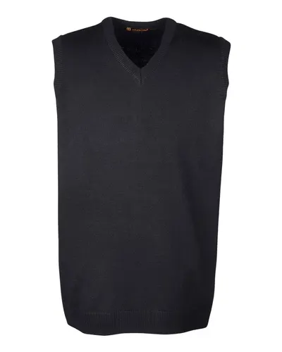 Harriton M415 Men's Pilbloc™ V-Neck Sweater Vest in Black — blank jacket, front view