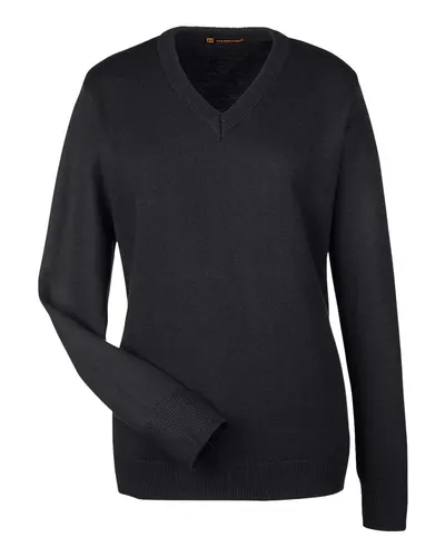 Harriton M420W Women's Pilbloc V-Neck Sweater in Black — blank garment, front view