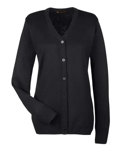 Harriton M425W Women's Pilbloc V-Neck Button Cardigan Sweater in Black — blank garment, front view