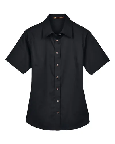 Harriton M500SW Women's Easy Blend™ Short Sleeve Twill Dress Shirt with Stain-Release in Black — blank woven shirt, front view