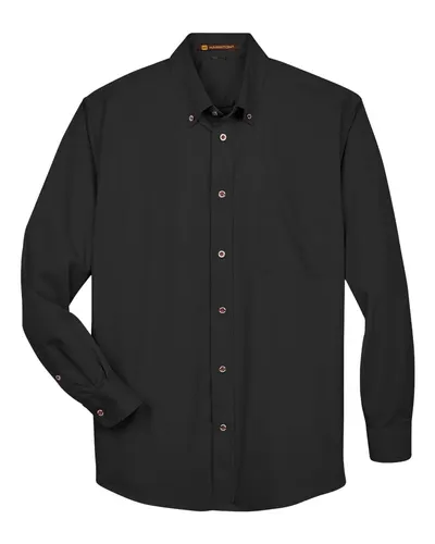 Harriton M500T Men's Tall Easy Blend™ Twill Dress Shirt in Black — blank woven shirt, front view