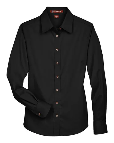 Harriton M500W Women's Easy Blend™ Long Sleeve Twill Dress Shirt with Stain-Release in Black — blank woven shirt, front view