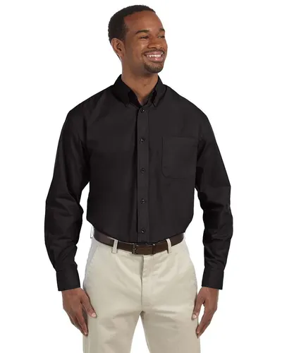 Harriton M510 Men's Essential Poplin in Black — blank garment, front view