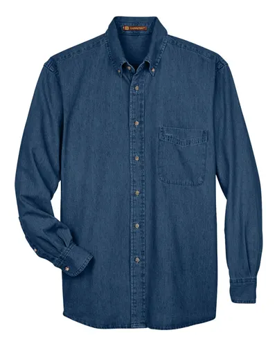 Harriton M550 Men's Denim Shirt in Dark Denim — blank garment, front view