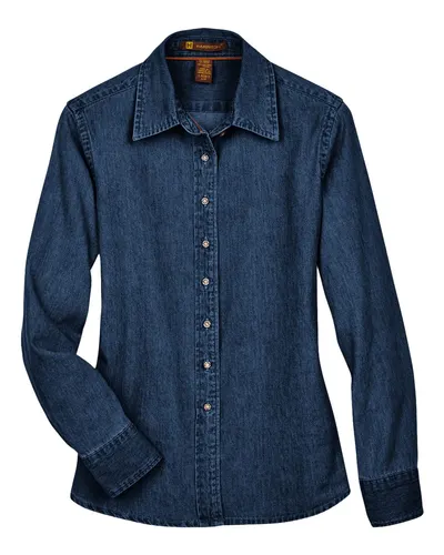 Harriton M550W Women's Denim Shirt in Dark Denim — blank garment, front view
