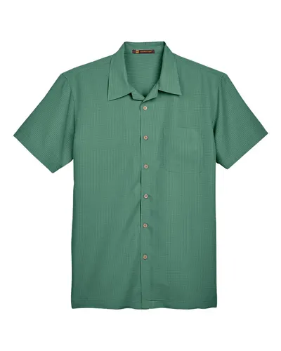 Harriton M560 Men's Barbados Textured Camp Shirt in Palm Green — blank garment, front view