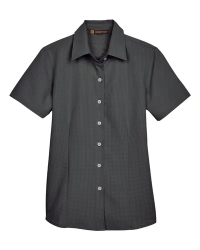 Harriton M560W Women's Barbados Textured Camp Shirt in Black — blank garment, front view