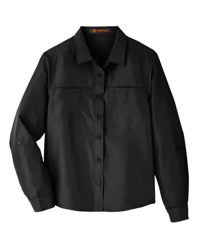 Harriton M580LW Women's Key West Performance Staff Shirt in Black — blank garment, front view