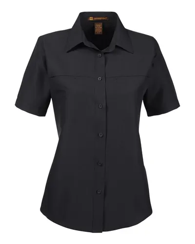Harriton M580W Women's Key West Short Sleeve Performance Staff Shirt in Black — blank garment, front view