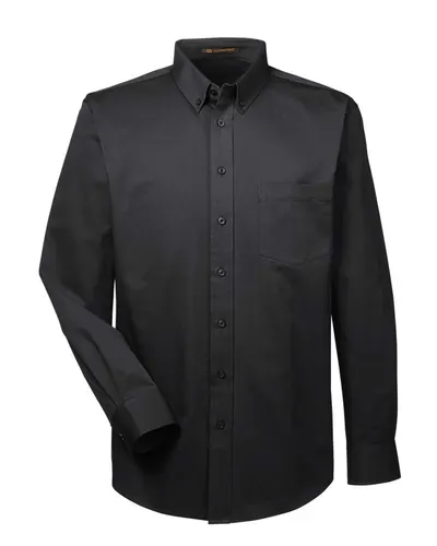 Harriton M581 Men's Foundation Cotton Twill Dress Shirt with Teflon in Black — blank woven shirt, front view