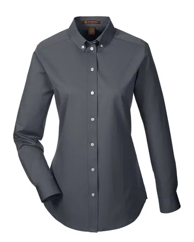 Harriton M581W Women's Foundation Cotton Twill Shirt with Teflon in Dark Charcoal — blank woven shirt, front view