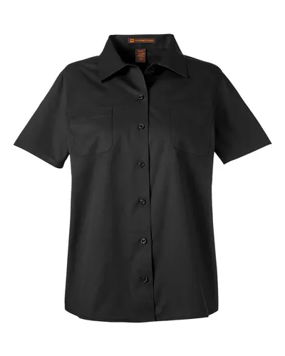 Harriton M585W Women's Advantage IL Short Sleeve Dress Shirt in Black — blank woven shirt, front view