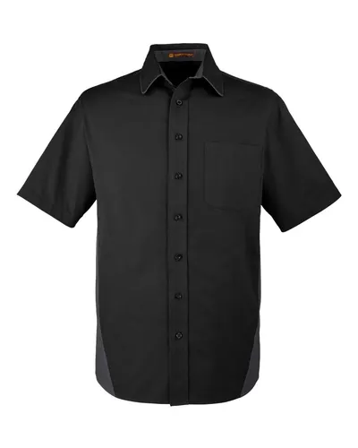 Harriton M586 Men's Flash IL Colorblock Shirt in Black/ Dark Charcoal — blank garment, front view
