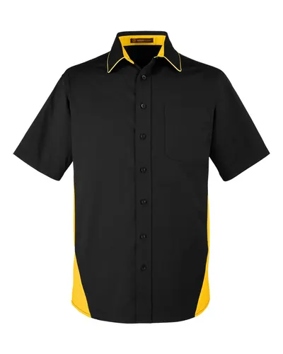 Harriton M586T Men's Tall Flash IL Colorblock Shirt in Black/ Sunray Yellow — blank garment, front view