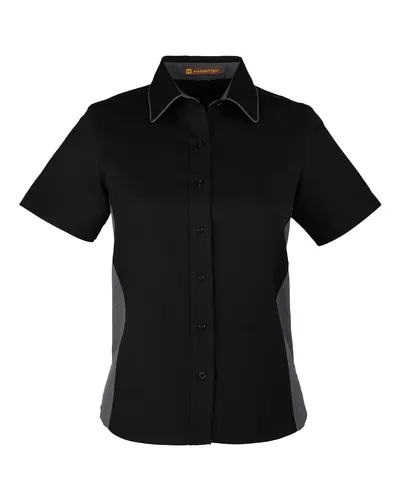 Harriton M586W Women's Flash IL Colorblock Shirt in Black/ Dark Charcoal — blank garment, front view