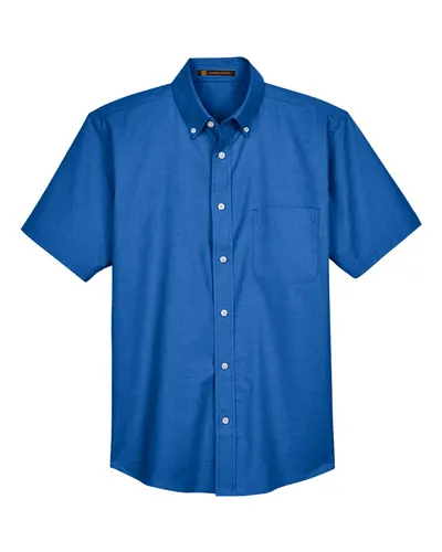 Harriton M600S Men's Oxford Short Sleeve with Stain-Release in French Blue — blank woven shirt, front view