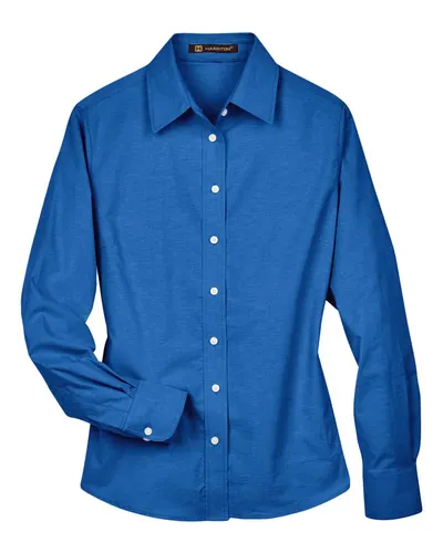 Harriton M600W Women's Long Sleeve Oxford Dress Shirt in French Blue — blank woven shirt, front view