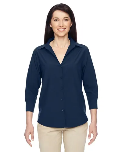 Harriton M610W Women's Paradise Three-Quarter Pullover Sleeve Performance Shirt in Navy — blank garment, front view