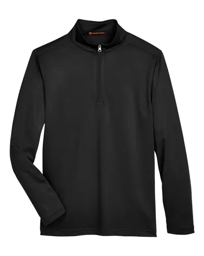 Harriton M748 Men's Advantage Snag Protection Plus Quarter-Zip Pullover in Black — blank garment, front view