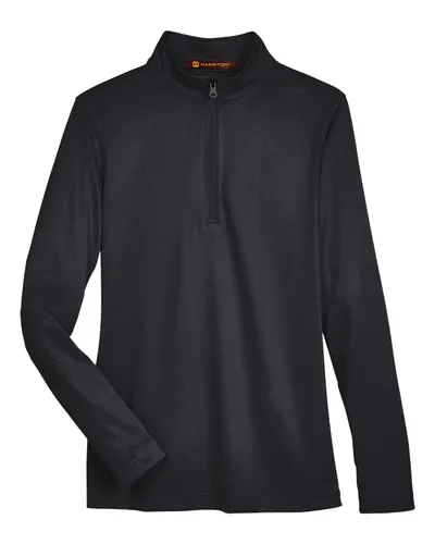 Harriton M748W Women's Advantage Snag Protection Plus Quarter-Zip Pullover in Black — blank garment, front view