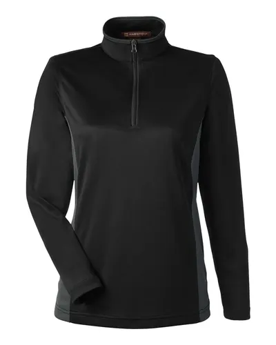 Harriton M786W Women's Flash Snag Protection Plus IL Colorblock Quarter-Zip Pullover in Black/ Dark Charcoal — blank garment, front view