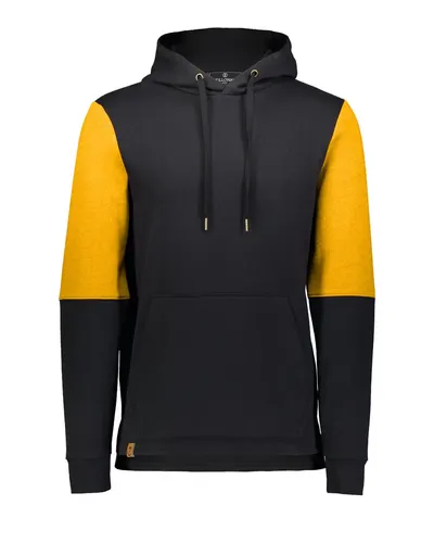 Holloway 222581 Men's All-American Team Fleece Colorblocked Hooded Sweatshirt in Black/ Gold Heather — blank hooded sweatshirt, front view