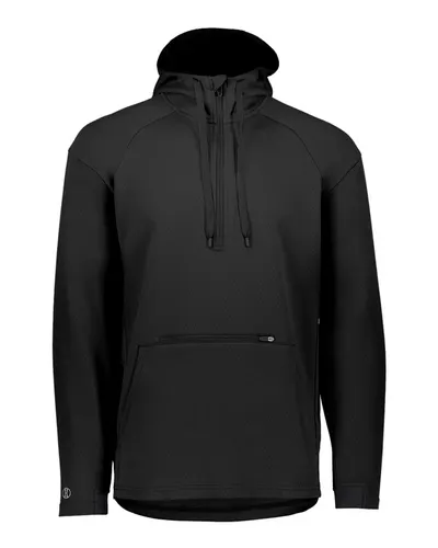 Holloway 222584 Men's Limitless Quarter-Zip Hooded Pullover in Black — blank hooded sweatshirt, front view