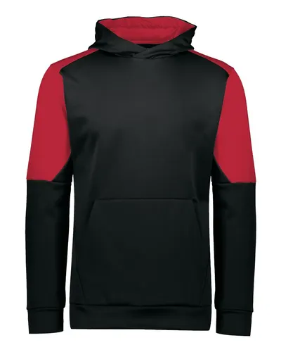 Holloway 222640 Youth Blue Chip Hooded Sweatshirt in Black/ Scarlet — blank hooded sweatshirt, front view