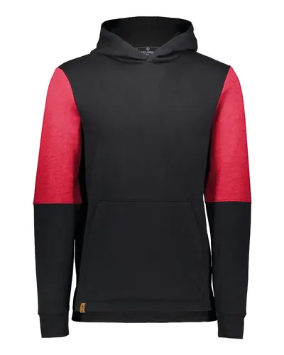 Holloway 222681 Youth All-American Team Fleece Colorblocked Hooded Sweatshirt in Black/ Scarlet Heather — blank hooded sweatshirt, front view