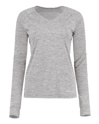 Holloway 222770 Women's Electrify CoolCore® Long Sleeve V-Neck T-Shirt in Athletic Grey Heather — blank t-shirt, front view