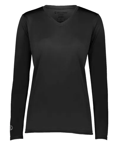 Holloway 222824 Women's Momentum Long Sleeve V-Neck T-Shirt in Black — blank t-shirt, front view