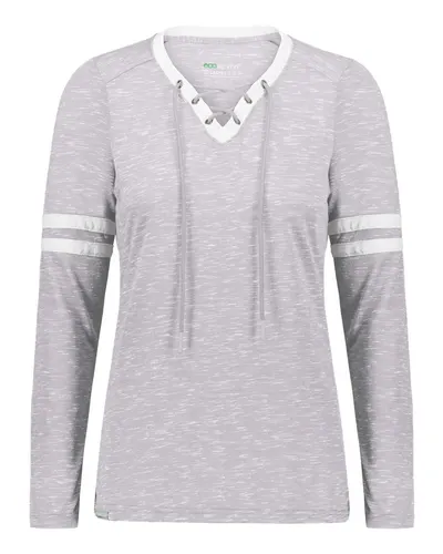 Holloway 223246 Women's Eco Revive™ Monterey Long Sleeve V-Neck T-Shirt in Athletic Heather/ White — blank t-shirt, front view