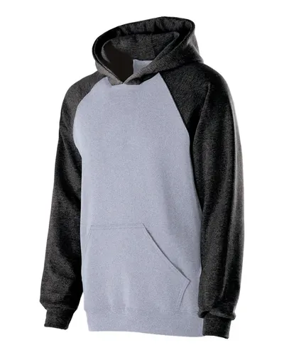 Holloway 229279 Youth Cotton/Poly Fleece Banner Hooded Sweatshirt in Athletic Heather/ Black — blank hooded sweatshirt, front view
