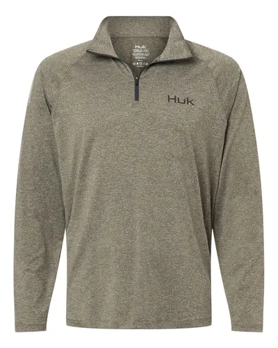 HUK H1200715 Men's Airweight Heather Quarter-Zip Pullover in Heather Moss — blank garment, front view