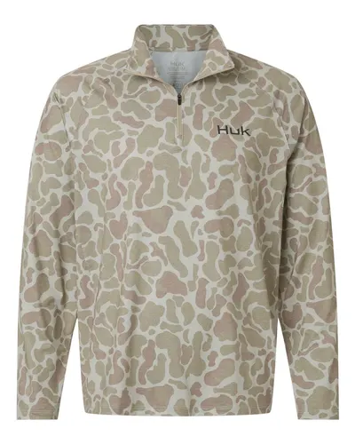 HUK H1200720 Men's Airweight KC Printed Quarter-Zip Pullover in Sand — blank garment, front view