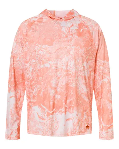 HUK H12L0047 Men's Pursuit Mossy Oak Printed Hooded Long Sleeve T-Shirt in Coral Reef — blank hooded sweatshirt, front view