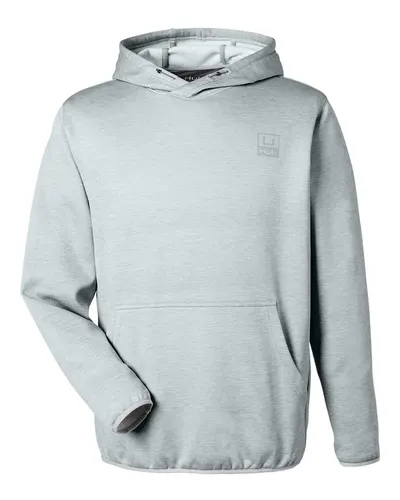HUK H130093 Men's Coldfront+ Performance Hooded Sweatshirt in Harbor Mist Heather — blank hooded sweatshirt, front view