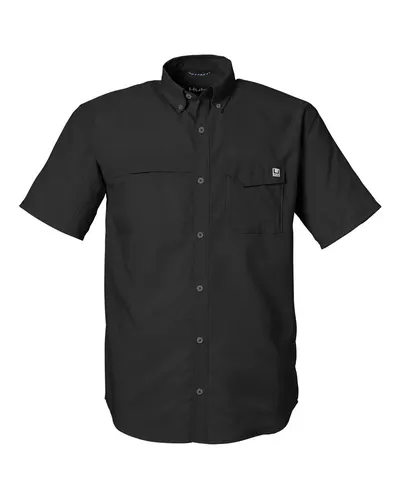 HUK H150171 Men's Tide Point Short Sleeve Shirt in Black — blank garment, front view