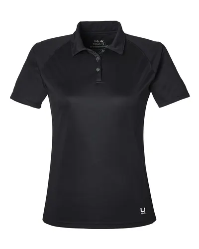 HUK H612L03 Women’s LoPro Solid Performance Polo in Black — blank polo, front view
