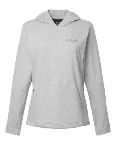 HUK H6130023 Women's Coldfront+ Hooded Sweatshirt in Harbor Mist Heather — blank hooded sweatshirt, front view